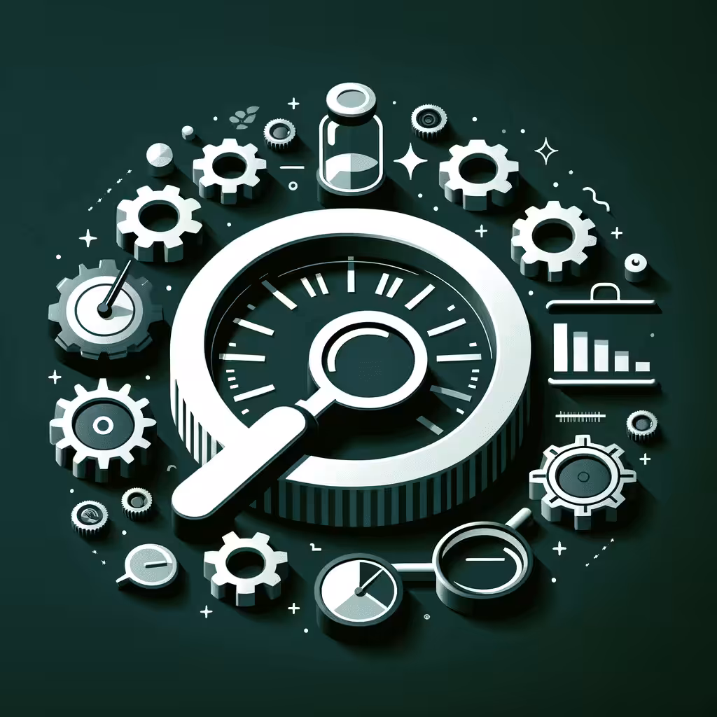 Illustration af tandhjul og forstørrelsesglas