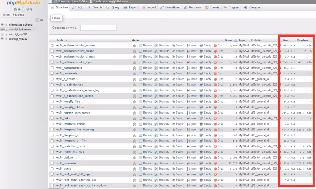 Kontrol af størrelsen og overhead af databasen via phpmyadmin
