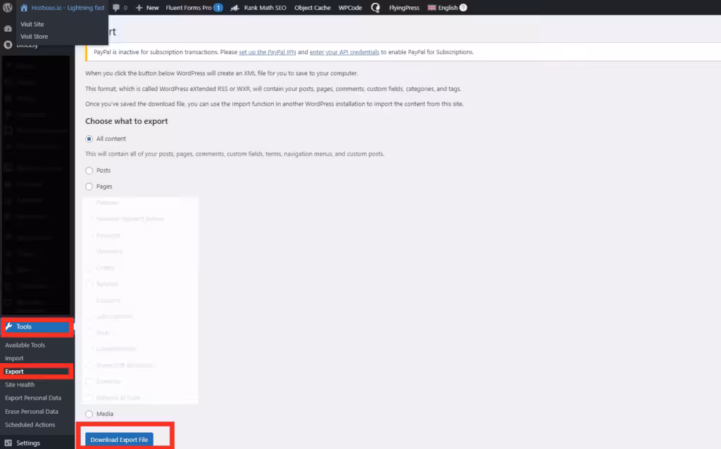 Wordpress-indholdsmigrering - Eksporter indhold fra dit wordpress Admin-dashboard
