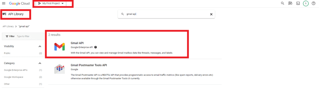 Add the gmail API to your new project to configure gmail