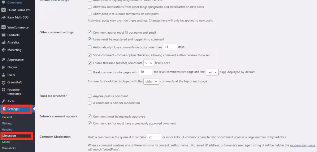 deaktiver kommentarer til ældre indlæg via diskussionsindstillinger på wordpress dashboard