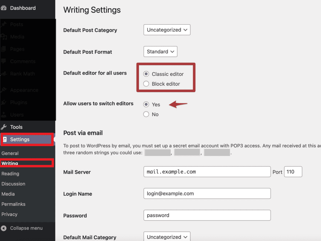 Enabling classic editor within writing in settings