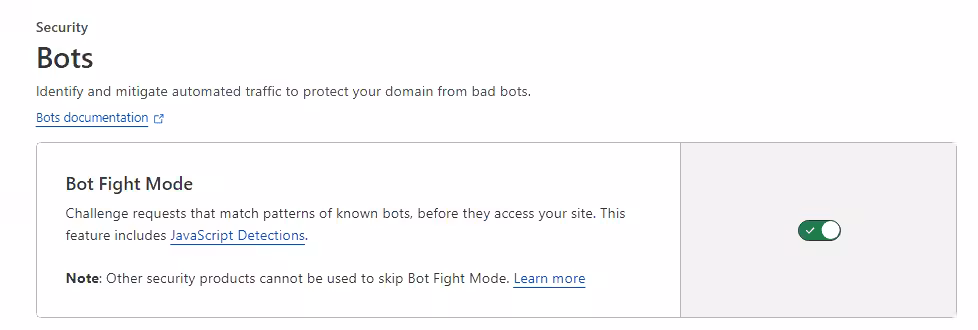 Aktivér bot-kamptilstand i cloudflare-indstillinger