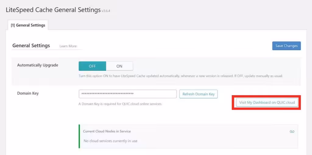 Adgang til quic.cloud CDN-dashboard via WordPress admin dashboard