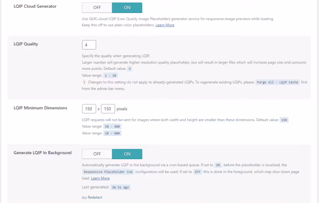 aktivering af LQIP via quic.cloud CDN Dashboard  