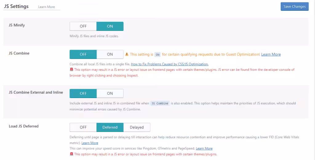 JavaScript LiteSpeed cache-indstillinger