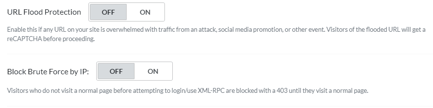 Aktivér URL-oversvømmelsesbeskyttelse, og bloker brute force med IP i quic.cloud dashboard