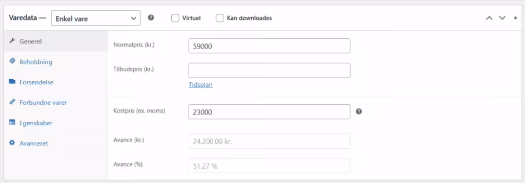 Simple add cost price and show margins in WooCommerce Produktpriser og avance i adminpanel oversigt.