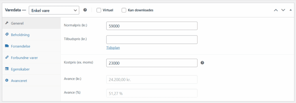 Produktpriser og avance i adminpanel oversigt.