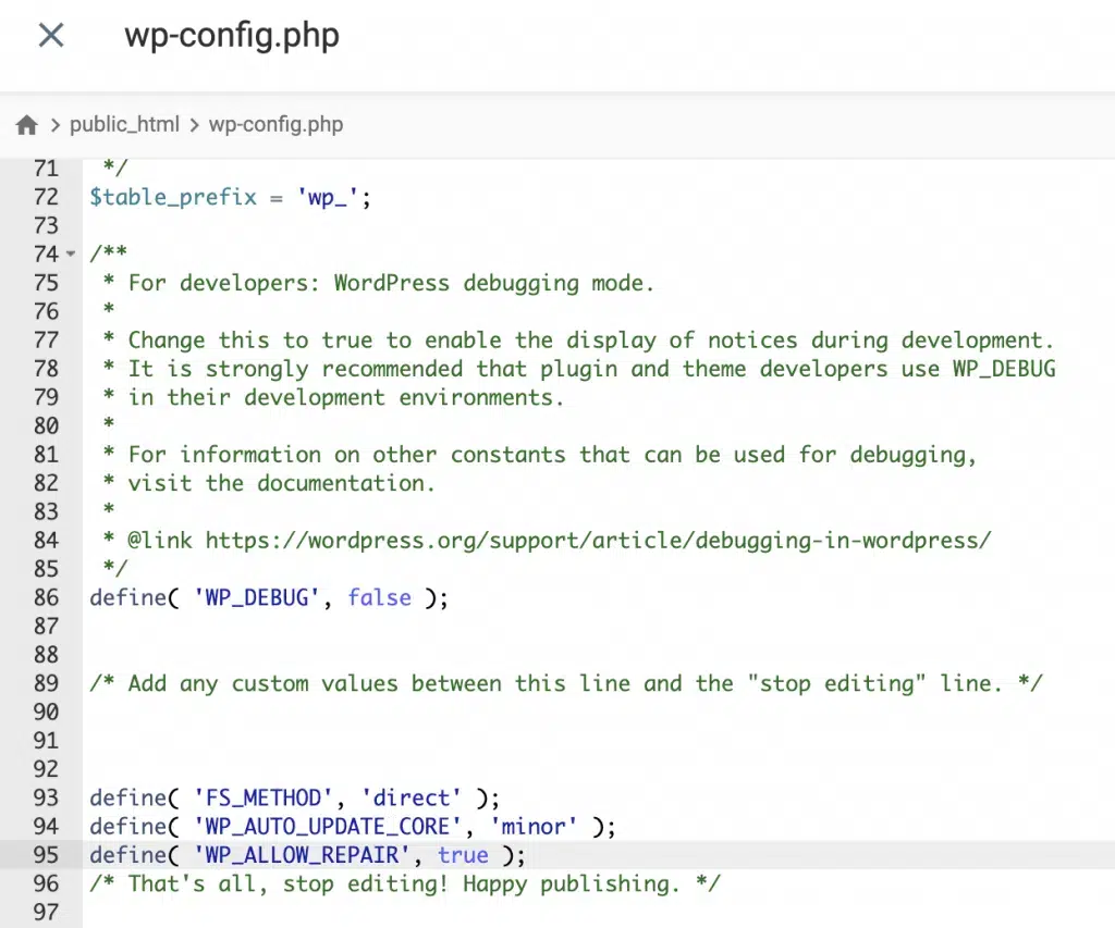 WordPress wp-config.php med WP_ALLOW_REPAIR aktiveret