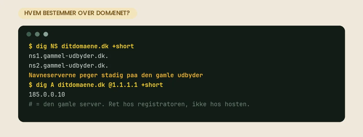 dig NS og dig A viser, at domænets navneservere stadig peger på den gamle udbyder, så A-posten skal rettes der – eller navneserverne skiftes hos registratoren