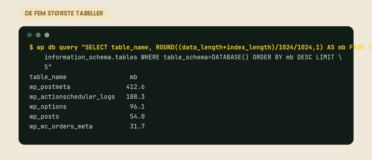 Hvad er en MySQL-database? Dit indholds egentlige hjem WP-CLI-opslag der viser de fem største tabeller i en WordPress-database – wp_postmeta og Action Scheduler-loggen fylder mest
