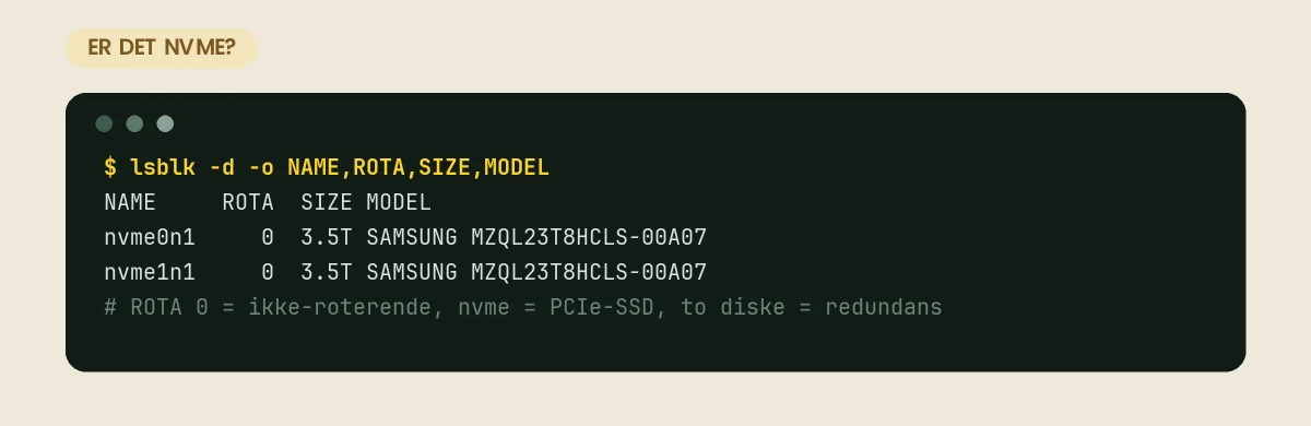 lsblk viser to NVMe-diske med ROTA 0 – ikke-roterende PCIe-SSD'er i par for redundans