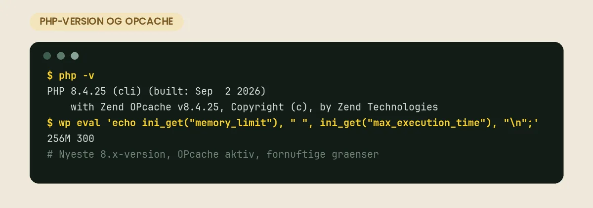 Hvad er PHP? Sproget, dit WordPress-site kører på php -v viser PHP 8.4 med OPcache, og wp eval viser memory_limit 256M og max_execution_time 300