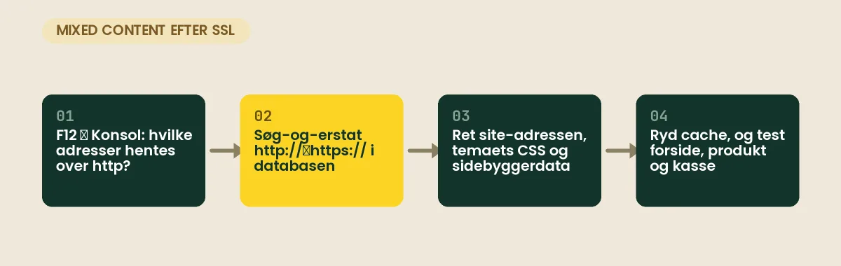 Mixed content efter skift til SSL: find adresserne i konsollen, søg-og-erstat i databasen, ret site-adresse og temafiler, og test efter cache-rydning