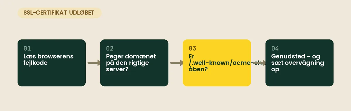 SSL-certifikat udløbet: læs fejlkoden, tjek DNS, åbn kontrolstien for Let's Encrypt, genudsted og overvåg udløb