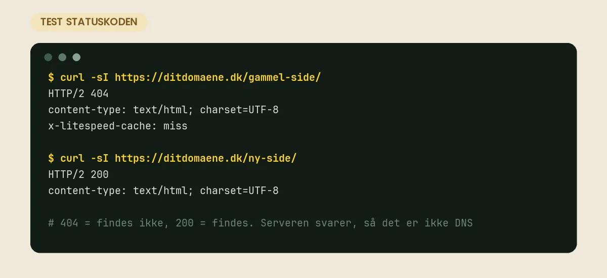 Terminaloutput fra kommandoen curl -sI mod to adresser: den gamle adresse svarer HTTP/2 404, den nye svarer HTTP/2 200