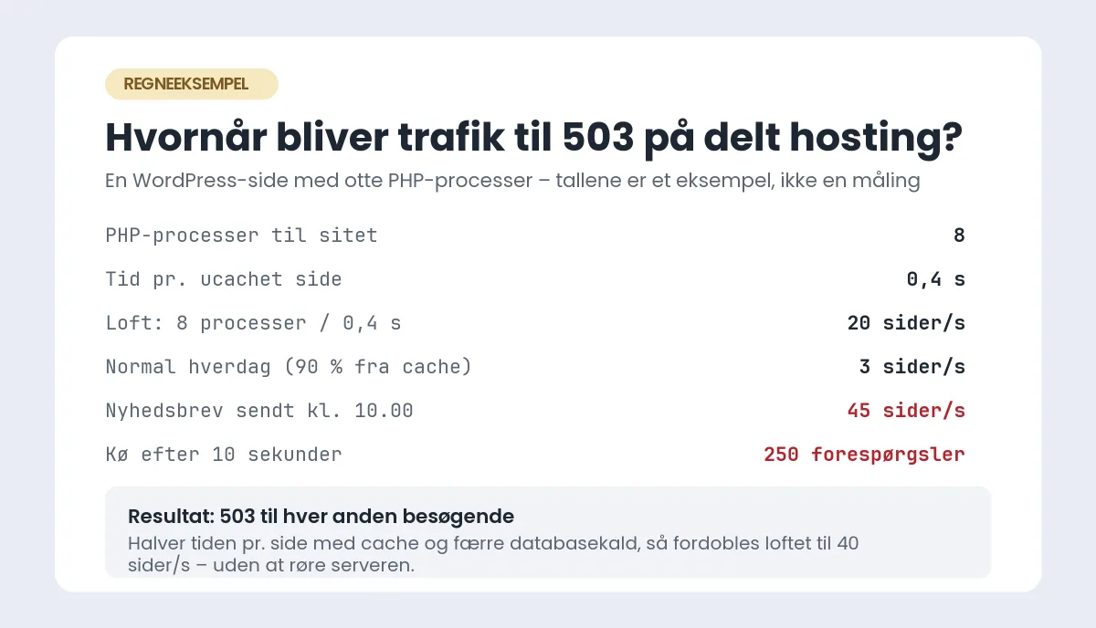 Regneeksempel på kapaciteten for en WordPress-side med otte PHP-processer: ved 0,4 sekund pr. side kan serveren levere 20 ucachede sider i sekundet, og en kampagne med 45 forespørgsler i sekundet giver kø og 503 efter få sekunder