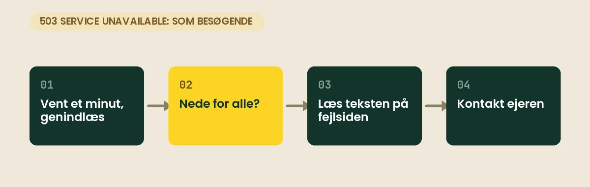 Fire trin for besøgende ved en 503 Service Unavailable: vent et minut og genindlæs, tjek om siden er nede for alle, prøv et andet netværk, og kontakt ejeren med tidspunkt og tekst