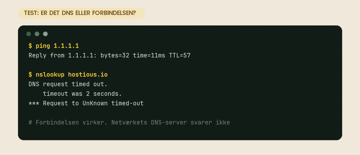 Kommandoprompt, hvor ping til 1.1.1.1 får svar, mens nslookup mod netværkets egen DNS-server ender med DNS request timed out