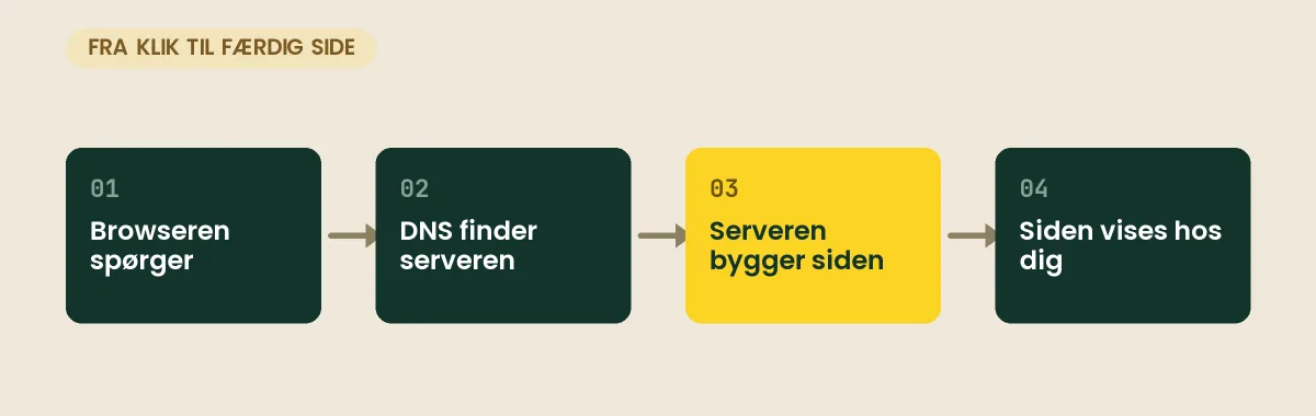 Fire trin fra browser til server og tilbage: browseren spørger, DNS finder serveren, serveren bygger siden, og siden vises hos dig