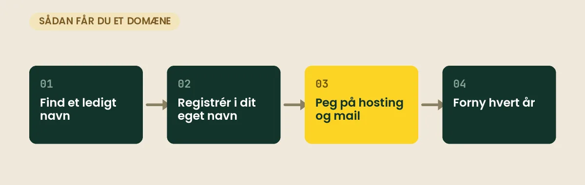 Fire trin til et domæne i brug: find et ledigt navn, registrér det i dit eget navn, peg navnet på hosting og mail, og forny det hvert år