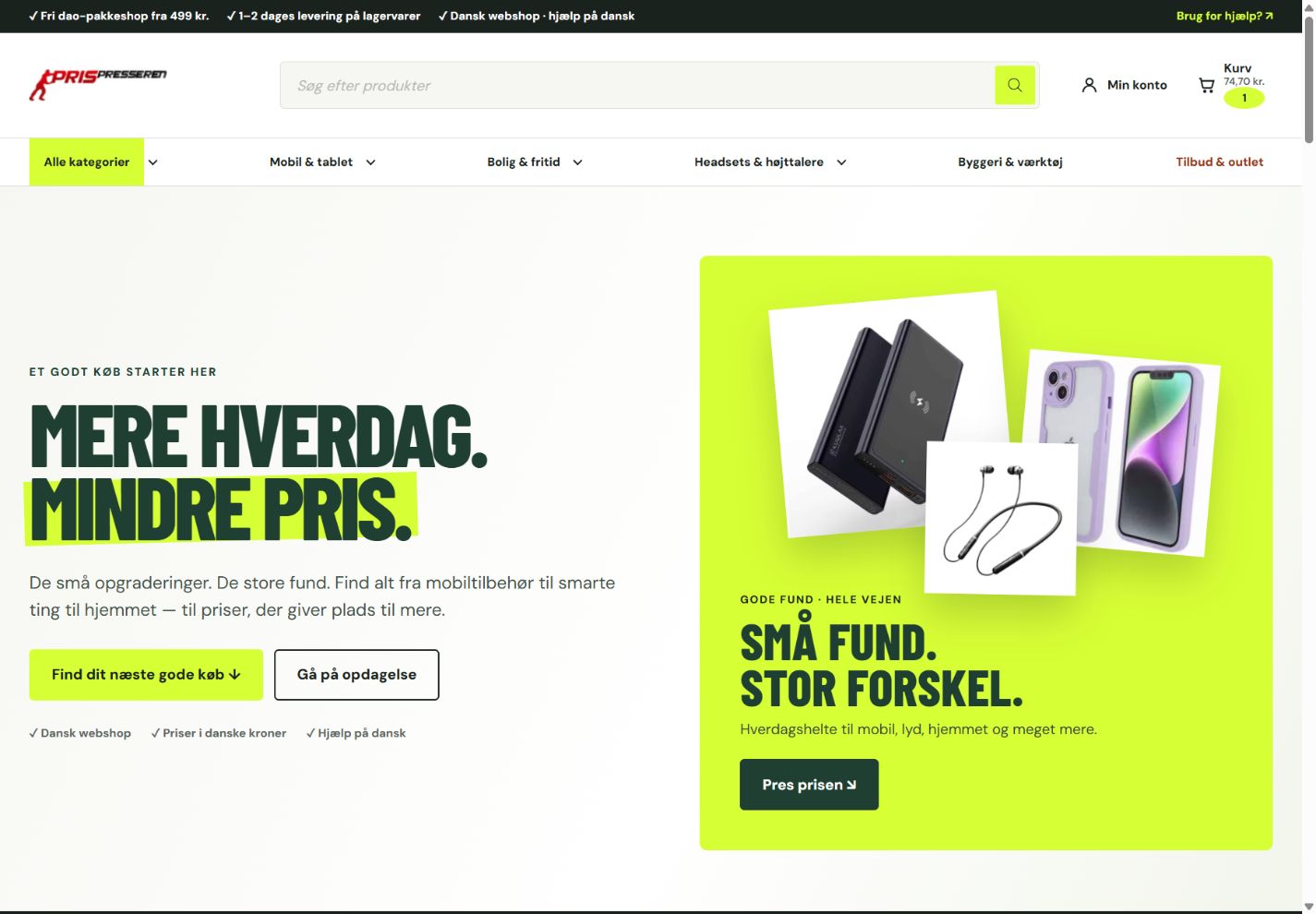 PrisPresserens live-forside med ny header og mørkegrøn og lime identitet, oktober 2026
